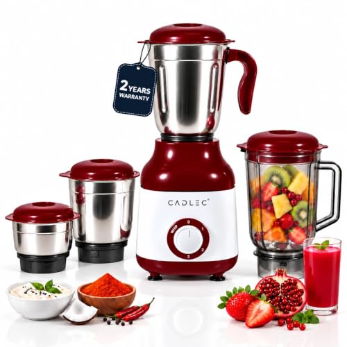 Image of Cadlec MixCraft 4 Jar 750 Watt Mixer Grinder | High-Power Juicer, Blender & Mixer | Durable ABS Body |Multi-Function for Juicing & Blending | 2-Year Warranty, Maroon