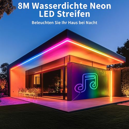 BUNACET Neon LED Streifen 8m, RGB+IC Neon Halloween-Röhre, 768 LEDs mit Fernbedienung & Netzteil, IP65 wasserdicht, Musik-Sync, 24V flexible Silikon-Beleuchtung für Innen/Außendekoration DIY