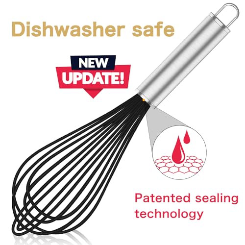 Image of OYV Silicone Whisk,3 pack Professional whisks for cooking non scratch,Stainless Steel & Silicone wisk,plastic rubber whisk for nonstick cookware,small silicone whisk set,black