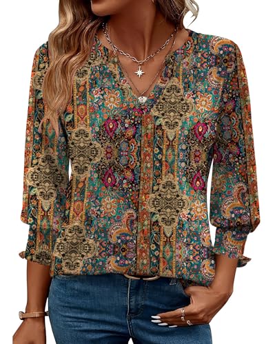 Zeagoo 3/4 Length Sleeve Womens Tops 2025 Floral Womens Blouses V Neck TunicTops with Smocked Cuffs