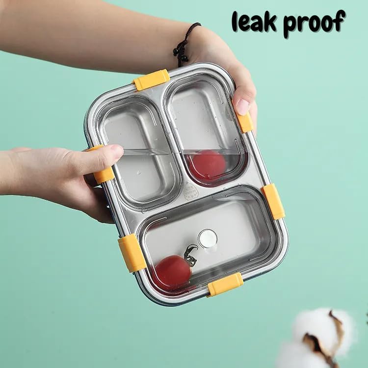 Image of MOMITTLE Lunch Box 3 Compartment Leak-Proof BPA Free Stainless Steel, Lunch Box for Kids, Lunch Box for School & Office with a Fork, a Spoon and a Pair of Chopsticks (Blue), 750 ml