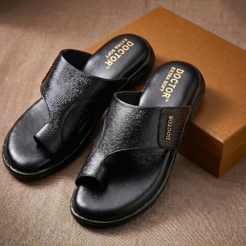 Image of DOCTOR EXTRA SOFT Care Orthopedic Diabetic Comfortable Dr Sole Footwear Daily Use Casual Home Wear Stylish Black Cushioned One Toe Ring Thump Chappal-Sandals-Slippers for Men's-Gents-Boy's L-5