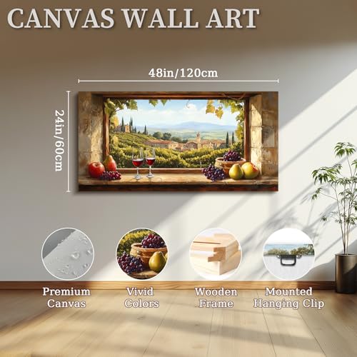 crmotu Vineyard Large Wall Art, Faux Window Canvas Prints of Wine Country, Grape Farms Beyond the Vintage Windowsill, Rustic Dining Room Kitchen Wall Decor, Restaurant Home Bar Decoration 24x48 Inch