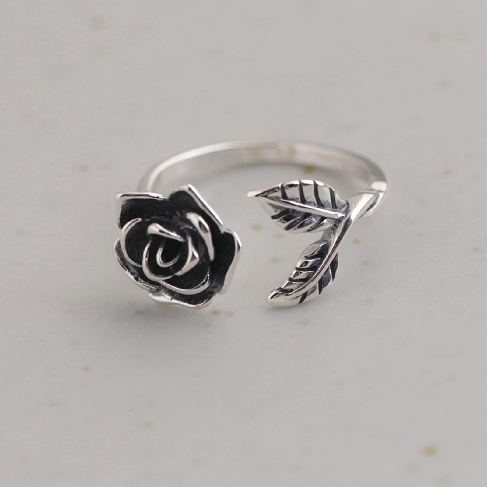 Anillo ajustable clásico de plata de ley 925 con rosas para mujer, tamaño ajustable