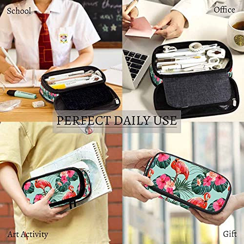 Image of Yekiua Flamingos Pencil Case Beautiful Summer Tropical Floral Palm Leaves Hibiscus Big Capacity Pencil Pouch Office College Makeup Bag
