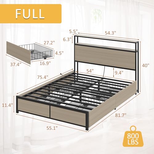 Image of Lifezone Full Bed Frame with 2-Tier Storage Headboard, Metal Platform Bed Frame with 4 Storage Drawers, Built in Charging Station & LED, Noise-Free /Metal Support /No Box Spring Needed, Beige