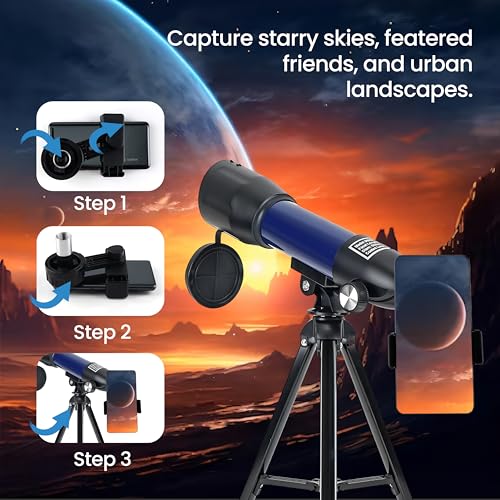 Image of Cezo 50MM Telescope 90X Zoom HD Focus Astronomical Telescope Refractor with Mobile Stand and Portable Tripod Stand High Power Telescope Gift for Kids, to Explore Moon, Planets, Stargazing