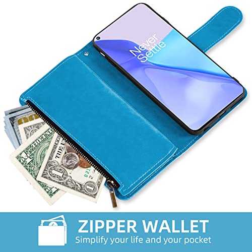 Coque OnePlus 9 portefeuille抗震蓝 étui rabat avec vitre en verre