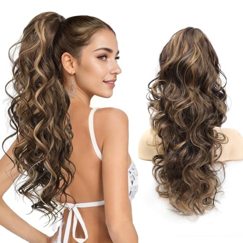 Image of 24 inch Ponytail Extension, Long Curly Wavy Claw Clip and Natural-Looking Synthetic Hairpiece, Voluminous Hair Extensions for Women Daily Wear. (Chestnut Brown with Golden, 24Inch)