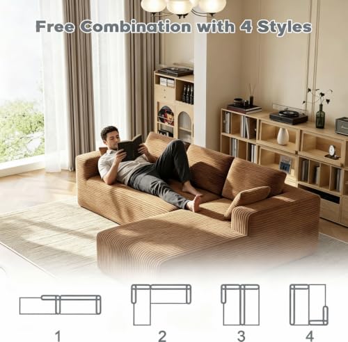 Image of 93 inch L-Shaped Modular Sectional Sofa with Chaise, Boneless Corduroy Cloud Couch with Deep Seat and Oversized Comfort, Flexible Module Combination for Living Room, No Assembly Required