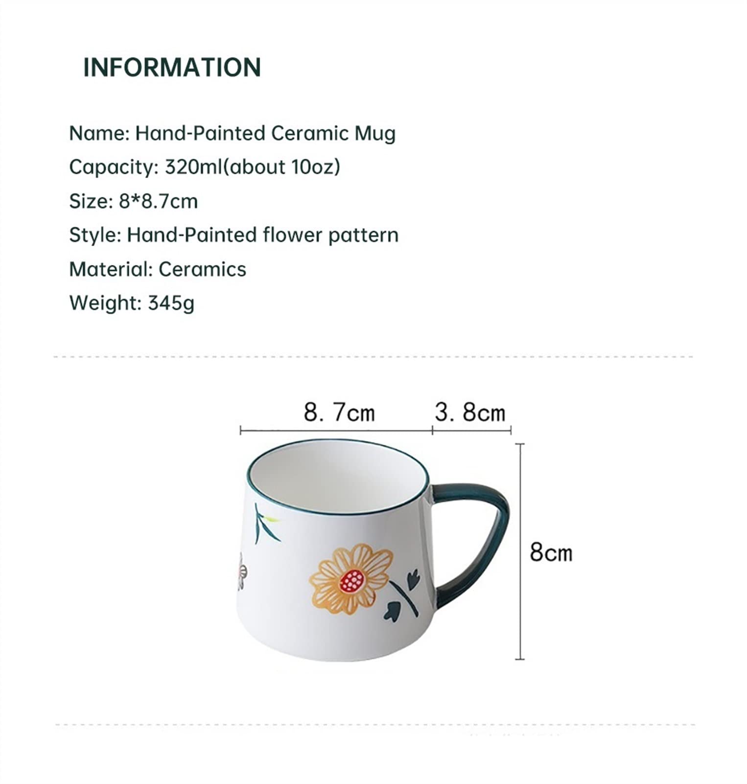 Tazas Linda taza de desayuno de cerámica pintada a mano 320ml Flores de dibujos animados Modelo Mildeo Avena Taza de café Copos de cerámica for el regalo de la casa Taza de cerámica ( Size : 10oz , Co