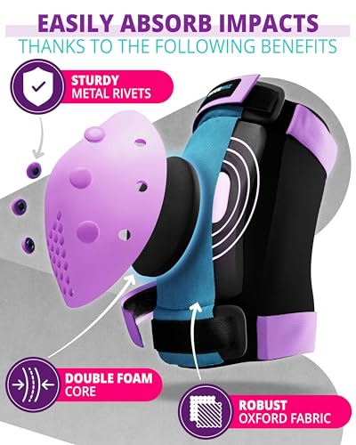 Image of SKATEWIZ Knee Pads Skateboarding Elbow Pads - Wrist Guards - Smash - Size M /L in Blue Purple - Kids Skate Pads - Skateboard Pads for Kids 8-14