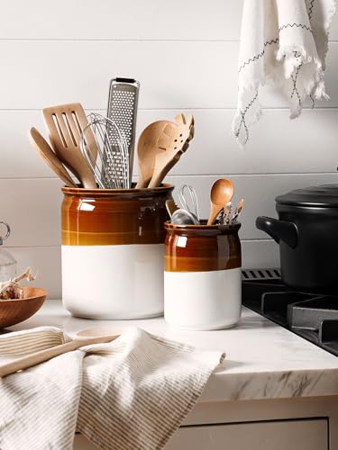 LE TAUCI Kitchen Utensil Holder, 7.2" & 5.4" Ceramic Utensil Crock for Countertop, Large Heavy Weighted Spatula Organizer, Rustic Farmhouse Decor, Vintage Two-Tone Glaze, Set of 2, Brown & White