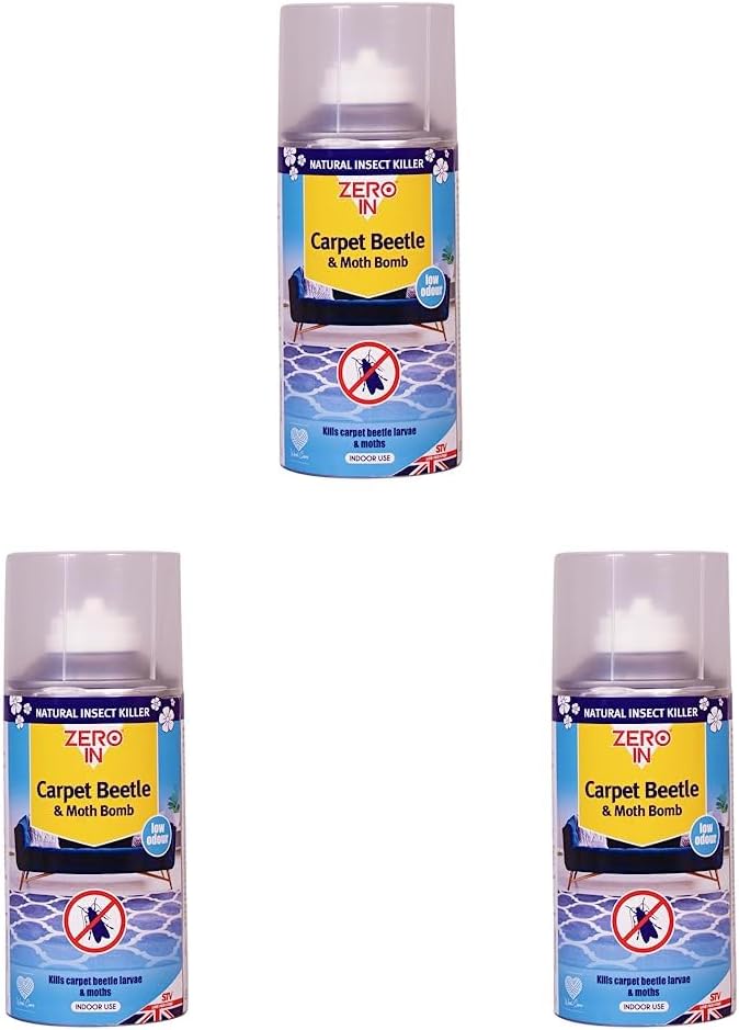 Carpet Beetle & Moth Killer Bomb - 150 ml One-Shot Aerosol Rapid-Action Knockdown Insecticidal Bomb for Carpet Beetles and Moths. Prevents Allergies. (Pack of 3)