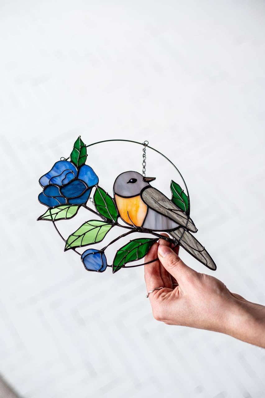 Blue Bird With Flower Stained Glass Suncatcher For Home Decor. Mother's Day Gift. Indoor Outdoor Decor. Wall Window Hanging. Bird Suncatcher
