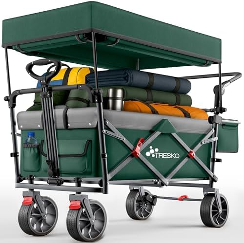 TRESKO® Bollerwagen Faltbar mit Dach, Kühlfach & Seitenrollos bis 150kg | Handwagen mit Vollgummireifen, Feststellbremsen (Vorne & Hinten) & 3-Punkt-Gurt | Transportwagen für Campi
