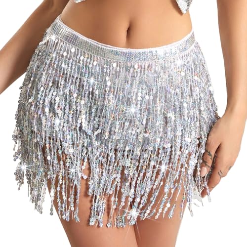 Baisdan Jupe Paillette Femme, Jupe a Paillette avec Franges Scintillantes pour Festivals et Performances de Danse Orientale Argent