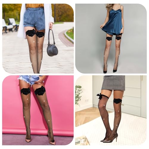 Image of 2 Pcs Sexy Women's Hold-up Stockings with Black Bows and Diamond-Ironing, Sparkly Thigh High Stockings Matching with Skirt Dress Shirt, Nylon Fishnet Socks for Party Halloween (90-140 Pounds)