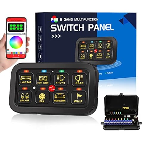 ALAVENTE RGB 8 Gang Swith Panel for Truck Toggle Momentary Pulsed Multifunction Bluetooth Control Switch Panel for Car SUV ATV UTV Boat Marine, Maxswitch Auxiliary Switch Panel 12V 24V Waterproof Cover