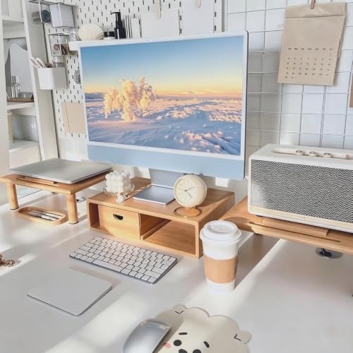 Bamboo Dual Monitor Stand Riser with Drawer