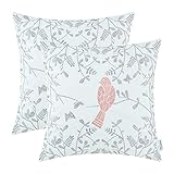 CaliTime Pack of 2 Cotton Throw Pillow Cases Covers for Bed Couch Sofa Cute Bird in Gray Garden Embroidered 18 X 18 inches Coral Pink