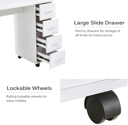 Binrio Rolling Manicure Table Nail Desk, Professional Nail Art Equipment Table Spa Salon Workstation With Wheels, 4 Drawers & 1 Door Cabinet For Beauty Salon Art Spa Office, White #TOP4