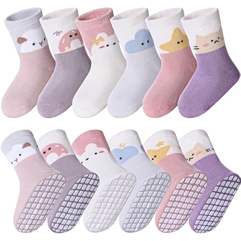 MQELONG 6 Pairs Baby Girls Non Slip Crew Socks Grips Socks for Infants Toddlers Kids Girls (Animal, 1-3 Years) Cover