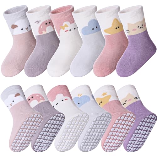 Mqelong 6 Pairs Baby Girls Non Slip Crew Socks Grips Socks For Infants Toddlers Kids Girls  cover