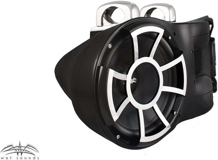 Side view of the Wet Sounds Revolution Series Tower Speaker with mounting clamp