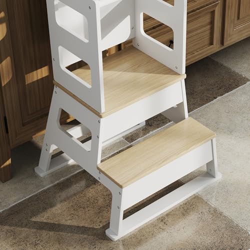 Miniatura 8 de Aiyaplay Torre De Aprendizaje 2 En 1 Taburete De Aprendizaje Para Niños De 3-6 Años Con Pizarra Y Barrera De Seguridad Para Baño Cocina 55x52,5x87,5 Cm Blanco