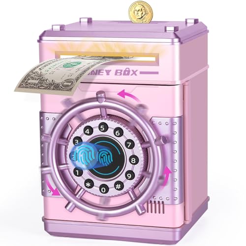 Refasy Piggy Banks for Girls, Electronic Money Bank Password Money Safe Cash Coin Piggy Bank, Fingerprint Simulation Bank Toys for 3 4 5 6 7 8 9 10 12 Year Old Girls Kids Birthday Xmas Gifts (Pink)
