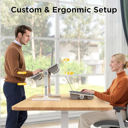 Image of 2-in-1 Bed & Lap Desk with Soft Cushion, Adjustable Height & Angle | Wrist Rest, Leather, iPad Holder & Stopper - Foldable Laptop Stand for Bed & Couch, Portable Bed Table Tray for Adults & Kids