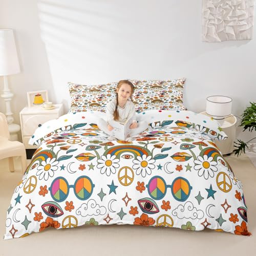 Castle Fairy Rainbow Duvet Cover Set Toddler Size,Retro Daisy Hippie Flower Bedding Set,Galaxy Stars Moon Quilt Cover for Kids,Comforter Cover(No Filler),2 Pcs