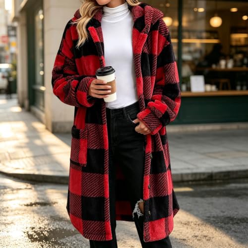 Chaqueta para Mujer Fleece Jacket Women Hooded Plaid Sherpa Button Front Coat Winter Outerwear Fall Coats for Women 2026 Trendy Soft Autumn Capsule Wardrobe Wine S - image 2