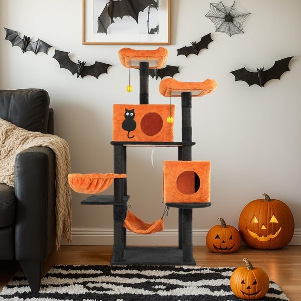 WhatDaDog Black and Orange Halloween Medium Cat Scratcher Tree Halloween Cat Tree Cat Post