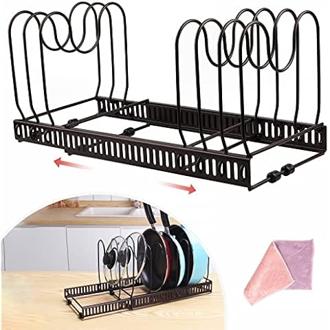 Pan Holder Pot Holder Pans Pot Organiser Pan Rack Expandable for Kitchen Pot Lid Holder Metal Lid Holder with 7 Adjustable Compartments 1 Cleaning Cloth Bronze Cover