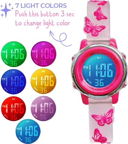 Kids 3D Digital First Watch - Monster Trucks, Dinosaurs, Shark, Space, Unicorn, Butterfly - Waterproof, 7 Colors Light, Alarm, Stopwatch - Girls, Boys, Children - School Watch (Pink Butterfly) #TOP2