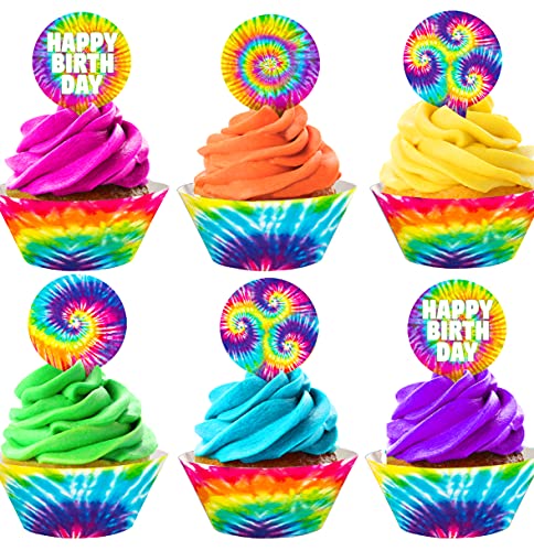 Tie Dye Cupcake Toppers and Cupcake Wrappers - 24 Cupcake Toppers and 24 Cupcake Wrappers - Tie Dye Party Supplies - Tie Dye Party Decorations - Classic 2
