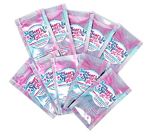 Sunshine & Glitter | 10 Pcs - Sea Star Sparkle GLITTER SUNSCREEN with SPF 50+ | Travel Packets | COTTON CANDY - Water Resistant - Biodegradable Glitter - Vegan & Cruelty Free | 0.5 ml each