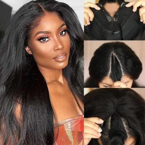 UNICE Kinky Straight V Part Wigs Human Hair for Women Glueless Upgrade U Part Wigs Machine Made Clips in V Part Wig Real Scalp Beginner Friendly Natural Color 150% Density 24 Inch