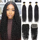 Deep Wave Bundles Human Hair with Closure（10 12 14+10inch）Deep Curly Bundles with Free Part Closure 100% Unprocessed Virgin Hair Weave Natural Color