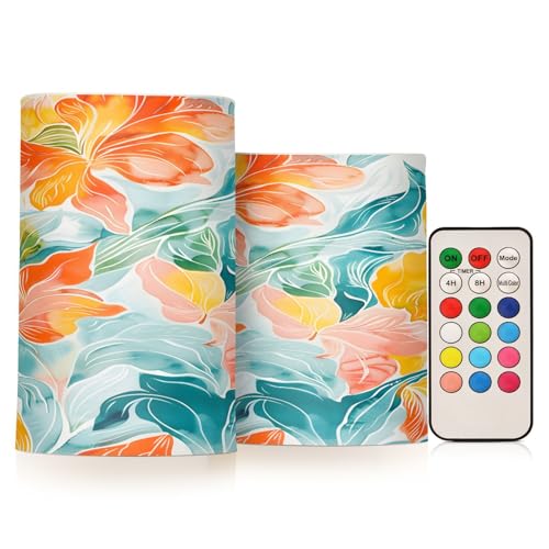ALAZA White Orange Turquoise Painting Flickering Flameless Candles Battery Operated with Remote Timer,Tea Light Candles LED Pillar Votive Candles set of 2 for Outdoor Indoor Decorations