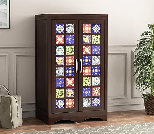 Image of Sheesham Wood Wooden 2 Door Wardrobe Organizer for Clothes | - Solid Wood Almirah with 2 Shelves - with Hanging Space Cupboard for Large Bedroom (Design 18)