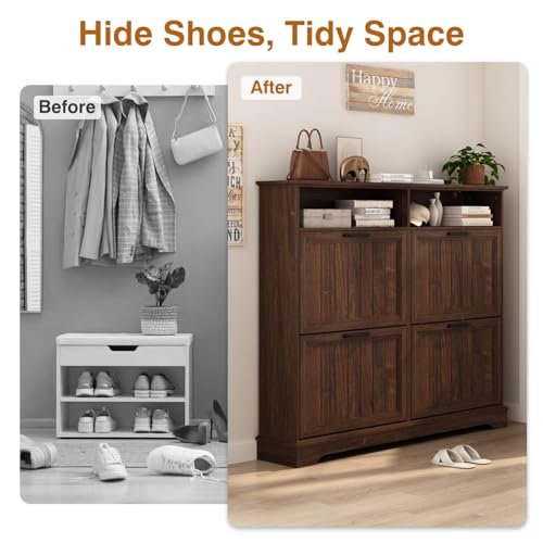 Image of Hidden Shoe Storage Cabinet with 4 Flip Drawers & Open Storage