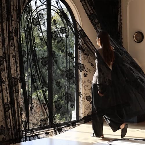 FAPLIGLISY Black Lace Curtains 84 Inch Long Vintage Floral Sheer Curtains for Living Room & Bedroom - Gothic Style Decor Light Filtering Scalloped Edges Drapes with Rod Pocket - 2 Panels Set 55 x 84