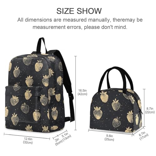 Gold Strawberry Print Backpack Set with Lunch Bag, Large Capacity Travel Backpacks and Lunch Box Insulated for Commute Hiking Picnic2