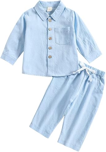Toddler Baby Boys 2PCS Cotton Linen Clothes Set Long Sleeve Button Down Shirt Tops + Pants Set Fall Spring Outfits
