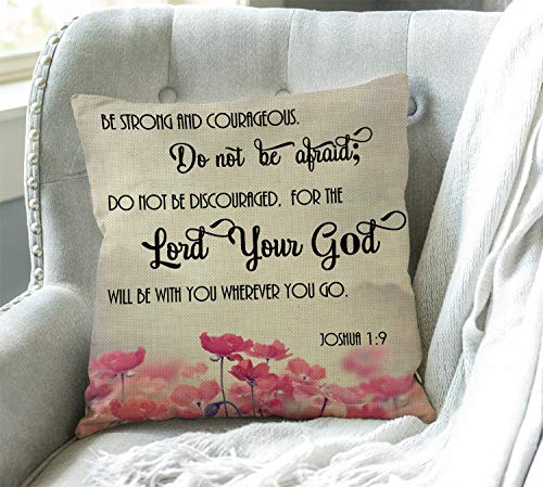 Swono Christian Bible Verses Scripture Quotes Joshua-1-9 Pink Flowers Farmhouse Pillow Cover 18X18 Inch Home Decor Cotton Linen Throw Pillow Case Cushion Cover For Sofa Couch #TOP2
