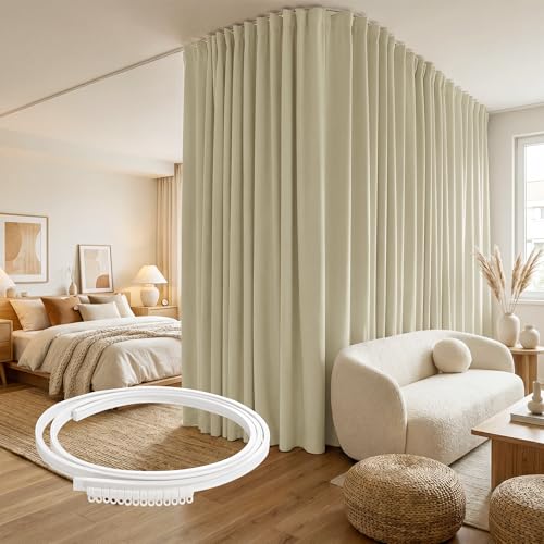 Image of RYB HOME Blackout Extra Wide Room Divider Curtains with Flexible Silent Ceiling Track Wall Mount, Thermal Insulated Curtain with Hooks for Living Room /Bedroom /Theater, Beige, W180 x L84, 1 Panel