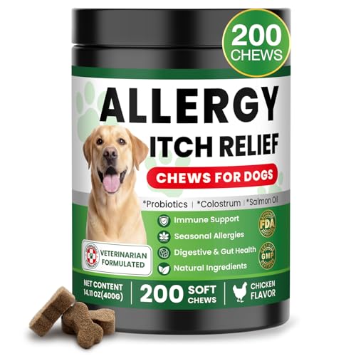 Dog Allergy Relief Chews, Supplement with Probiotics Vitamins, Itchy Skin Relief to Support Seasonal Allergy and Healthy Immune System, Skin and Coat Allergies,Itching & Paw Licking, 200 Soft Treats